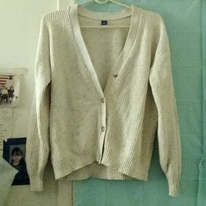 Old Navy sweater beige w/ pink and purple tiny specs woven with cotton yarn.